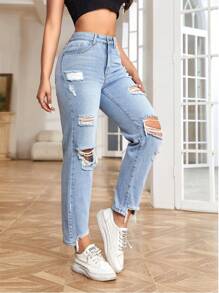 SHEIN EZwear High Waist Ripped Raw Hem Mom Fit Jeans