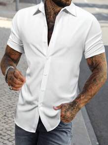 Manfinity Homme Men Solid Button Up Shirt, Men White Top, Men White Shirt, Slim Fit White Shirt, White Short Sleeve Shirt