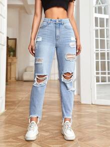 SHEIN EZwear High Waist Ripped Raw Hem Mom Fit Jeans