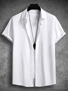 Manfinity Homme Men Solid Button Up Shirt, Men White Top, Men White Shirt, Slim Fit White Shirt, White Short Sleeve Shirt