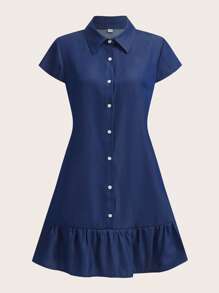 GENKIRA Đầm Viên lá sen Nút phía trước màu trơn Dễ thương - Màu xanh hải quân - Xem 1