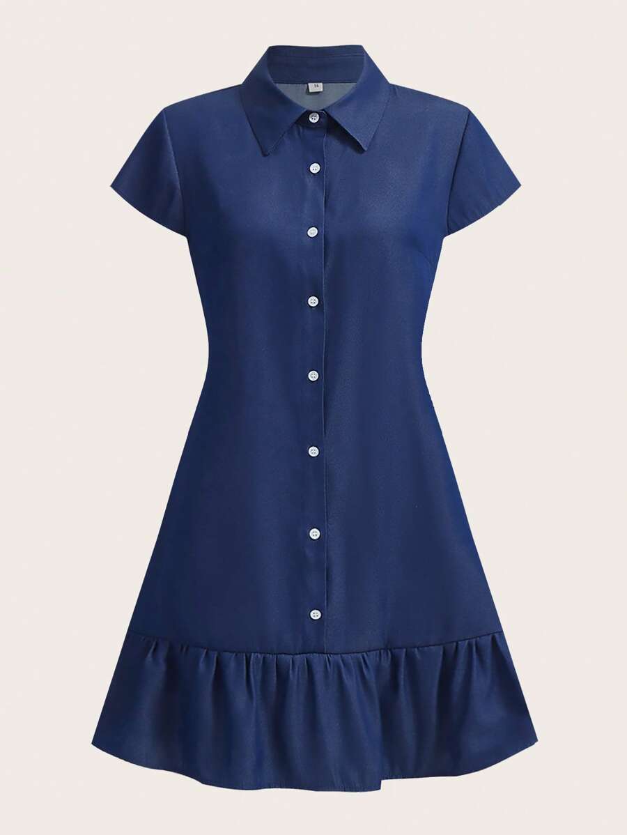 GENKIRA Đầm Viên lá sen Nút phía trước màu trơn Dễ thương - Màu xanh hải quân - Xem 1