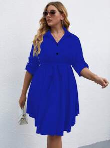 SHEIN LUNE 大碼捲邊袖腰帶襯衫洋裝 - 寶藍色 - 查看 1