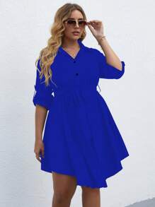 SHEIN LUNE 大碼捲邊袖腰帶襯衫洋裝 - 寶藍色 - 查看 7