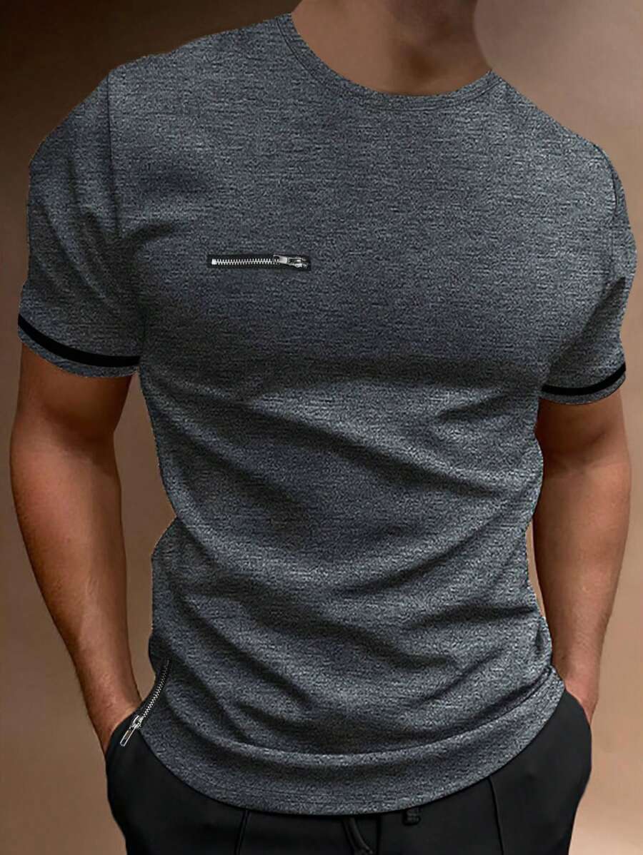 Manfinity Homme 男士字母圖案拼接邊T恤 - 深灰色 - 查看 1