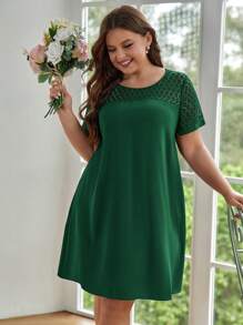 SHEIN Frenchy Vestido con encaje en contraste yugo - Verde Oscuro - Ver 1
