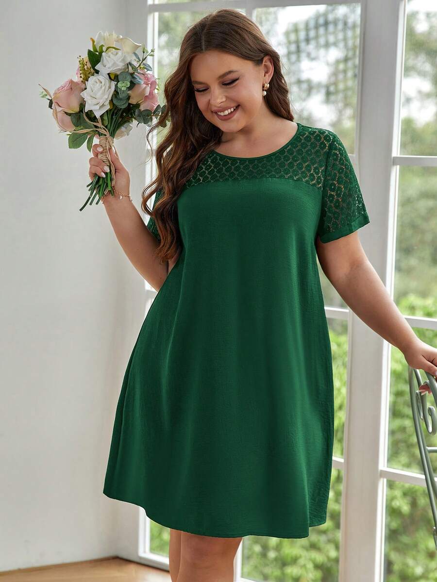 SHEIN Frenchy Vestido con encaje en contraste yugo - Verde Oscuro - Ver 1
