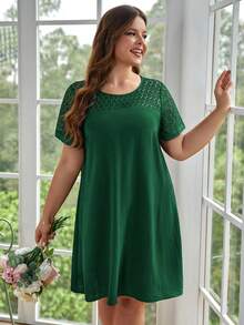 SHEIN Frenchy Vestido con encaje en contraste yugo - Verde Oscuro - Ver 3