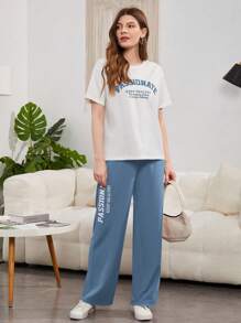 Seusyu 标语图案落肩 T 恤和裤子 2 件套 - 霧霾藍 - 查看 1