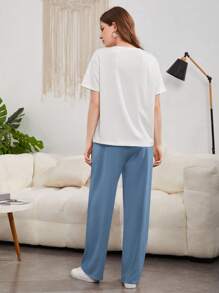 Seusyu 标语图案落肩 T 恤和裤子 2 件套 - 霧霾藍 - 查看 2