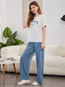 Seusyu 标语图案落肩 T 恤和裤子 2 件套 - 霧霾藍 - 查看 3