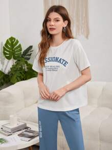 Seusyu 标语图案落肩 T 恤和裤子 2 件套 - 霧霾藍 - 查看 4