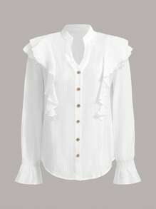 SHEIN MOD Áo sơ mi nữ Xù Nút phía trước màu trơn Giải trí - trắng - Xem 1