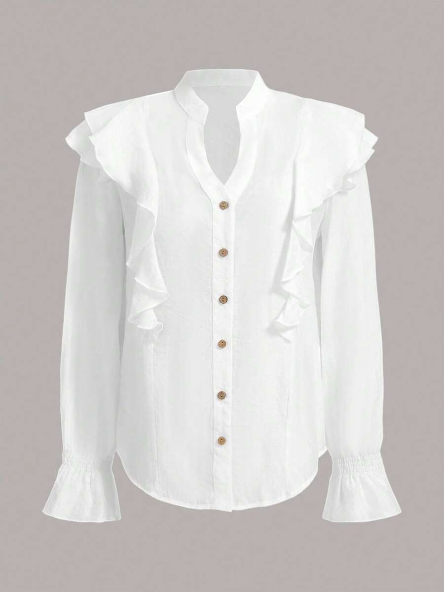 SHEIN MOD Áo sơ mi nữ Xù Nút phía trước màu trơn Giải trí - trắng - Xem 1
