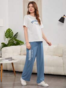 Seusyu 标语图案落肩 T 恤和裤子 2 件套 - 霧霾藍 - 查看 5