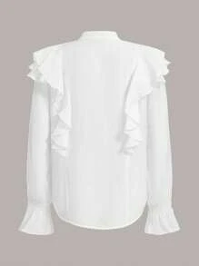 SHEIN MOD Áo sơ mi nữ Xù Nút phía trước màu trơn Giải trí - trắng - Xem 2