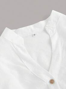 SHEIN MOD Áo sơ mi nữ Xù Nút phía trước màu trơn Giải trí - trắng - Xem 4