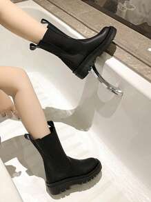 秋冬女式简约切尔西靴，黑色短裙毛衣搭配紧身长靴时尚黑色时尚靴子 - 黑色 - 查看 3