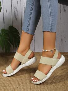 Sandalias de diapositivas con banda elástica y punta abierta para mujer, sandalias deportivas de estilo romano casual y de moda para verano - Beis - Ver 3
