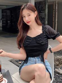 DAZY Solid Drawstring Front Ruched Frill Trim Crop Tee - Black - View 5