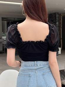 DAZY Solid Drawstring Front Ruched Frill Trim Crop Tee - Black - View 2