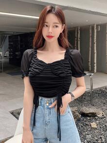 DAZY Solid Drawstring Front Ruched Frill Trim Crop Tee - Black - View 4