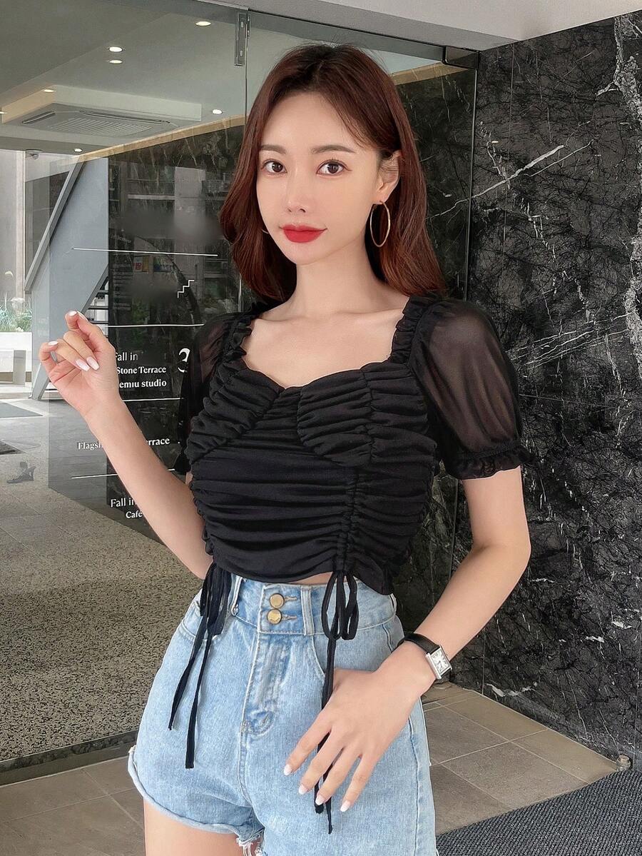 DAZY Solid Drawstring Front Ruched Frill Trim Crop Tee - Black - View 1