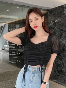 DAZY Solid Drawstring Front Ruched Frill Trim Crop Tee - Black - View 6