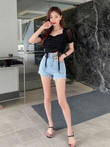 DAZY Solid Drawstring Front Ruched Frill Trim Crop Tee - Black - View 8