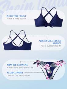 SHEIN Swim Curve Plus Size Tropical Print Knot Front Halter Bikini Set Summer Beach - Navy Blue - View 2