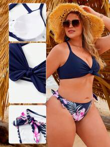 SHEIN Swim Curve Plus Size Tropical Print Knot Front Halter Bikini Set Summer Beach - Navy Blue - View 5