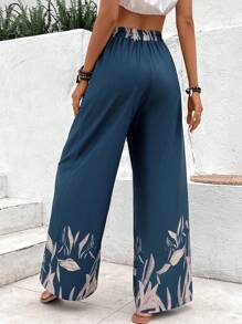 SHEIN LUNE 女式蓝色阔腿裤，植物印花，蝴蝶结腰部设计，贴合腰部和臀部 - 藍色 - 查看 3