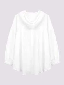休闲纯色落肩长袖抽绳连帽宽松衬衫 - 白色 - 查看 2