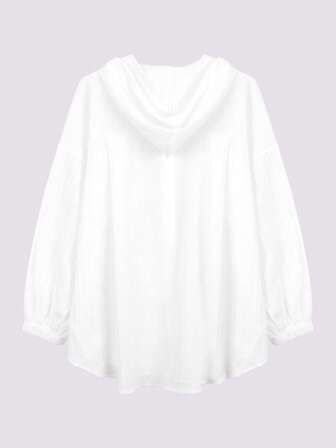 Casual Solid Color Drop Shoulder Long Sleeve Drawstring Hooded Loose Shirt