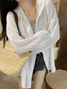 休闲纯色落肩长袖抽绳连帽宽松衬衫 - 白色 - 查看 3