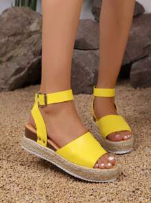 Phụ nữ có khóa trang trí Dép quai ngang mắt cá chân đế bằng Espadrille, Dép màu vàng cho kỳ nghỉ - Màu vàng - Xem 3