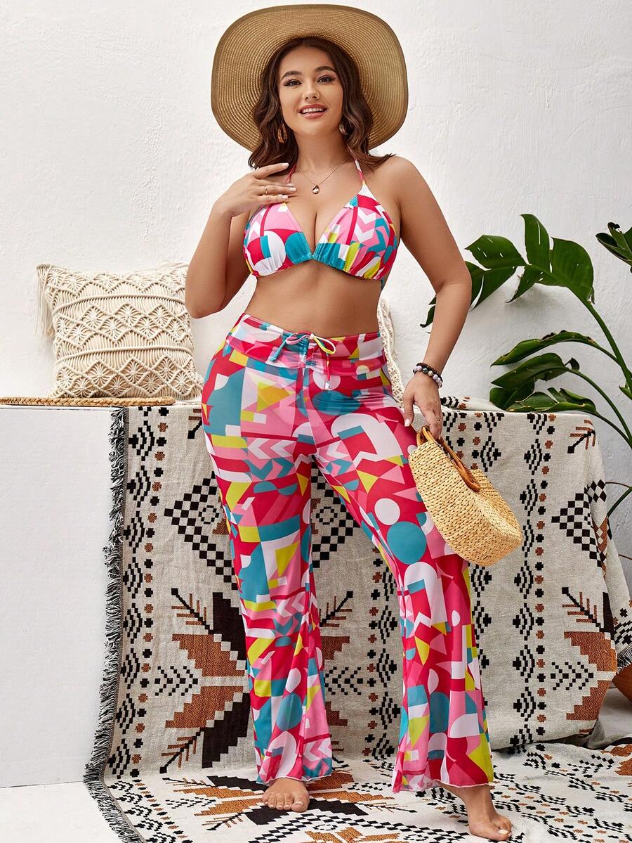 SHEIN Swim Curve Plus Size Geo Print Halter Triangle Bikini Set With Cover Up Summer Beach - Multicolor - View 1