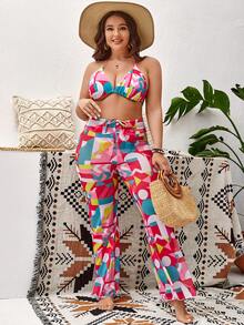 SHEIN Swim Curve Plus Size Geo Print Halter Triangle Bikini Set With Cover Up Summer Beach - Multicolor - View 5