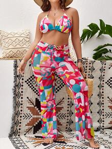 SHEIN Swim Curve Plus Size Geo Print Halter Triangle Bikini Set With Cover Up Summer Beach - Multicolor - View 6