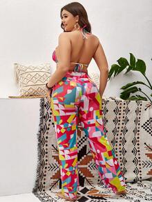 SHEIN Swim Curve Plus Size Geo Print Halter Triangle Bikini Set With Cover Up Summer Beach - Multicolor - View 7