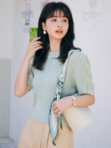 DAZY Top de punto unicolor de manga farol - verde menta - Ver 3