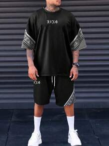 Manfinity EMRG Men Letter Graphic Tee & Drawstring Waist Shorts - Black - View 1