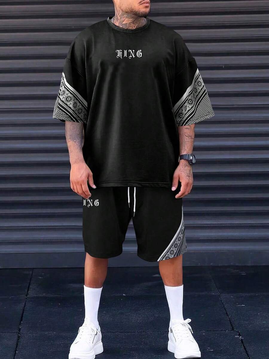 Manfinity EMRG Men Letter Graphic Tee & Drawstring Waist Shorts - Black - View 1