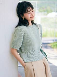 DAZY Top de punto unicolor de manga farol - verde menta - Ver 6