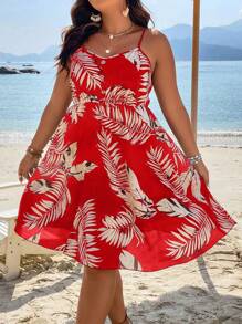 SHEIN Holidaya 大碼熱帶圖案吊帶洋裝 - 紅色 - 查看 1