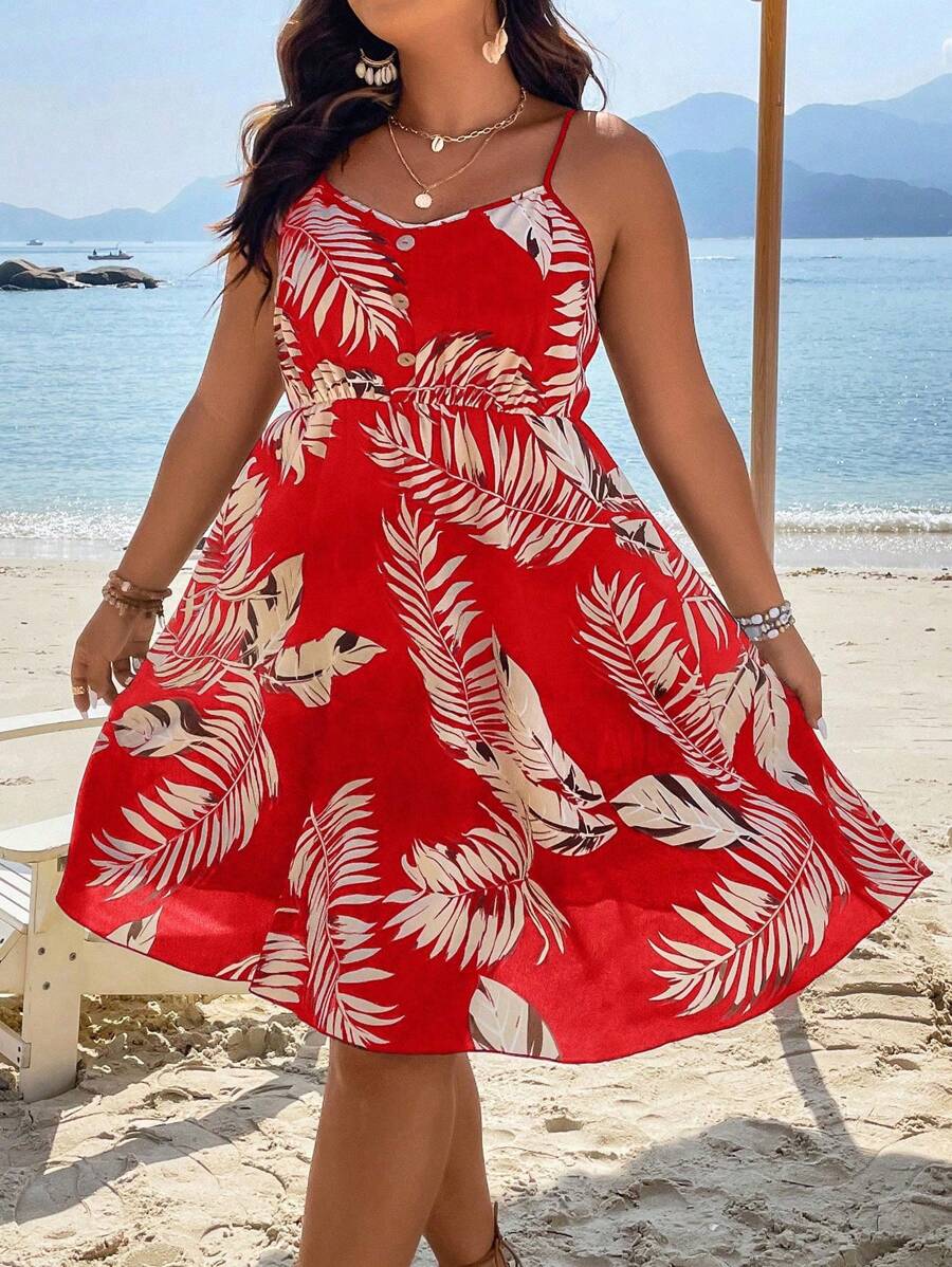 SHEIN Holidaya 大碼熱帶圖案吊帶洋裝 - 紅色 - 查看 1