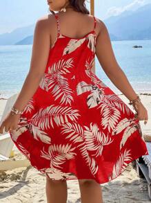 SHEIN Holidaya 大碼熱帶圖案吊帶洋裝 - 紅色 - 查看 2