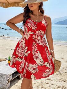 SHEIN Holidaya 大碼熱帶圖案吊帶洋裝 - 紅色 - 查看 6