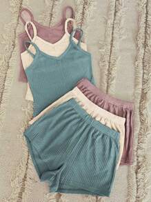 3pcs Waffle Knit Cami Top & 3pcs Shorts Lounge Set - Multicolor - View 1