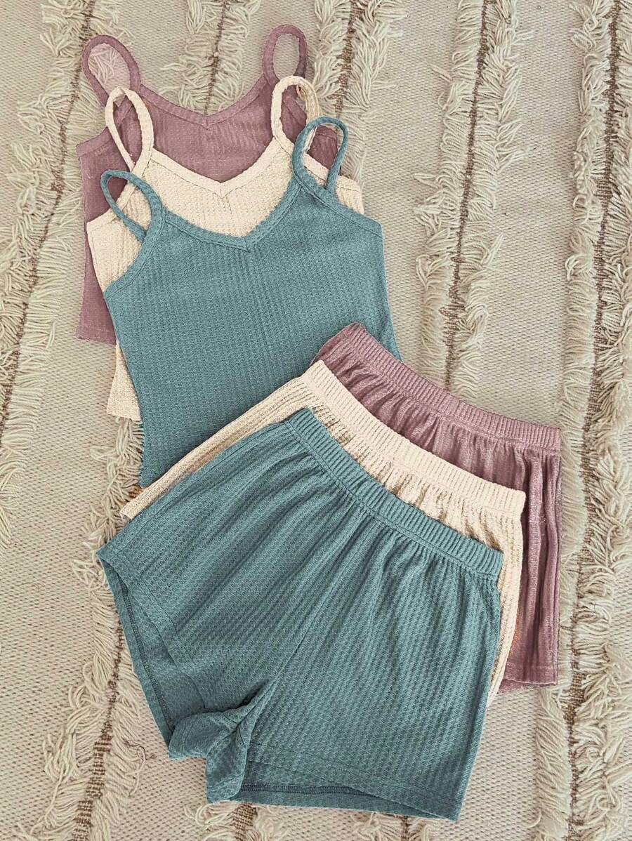 3pcs Waffle Knit Cami Top & 3pcs Shorts Lounge Set - Multicolor - View 1